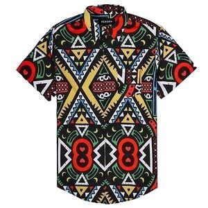 Reason Geometric Print Button Up Shirt Short Sleeve Colorful Casual Top Men's‎ M